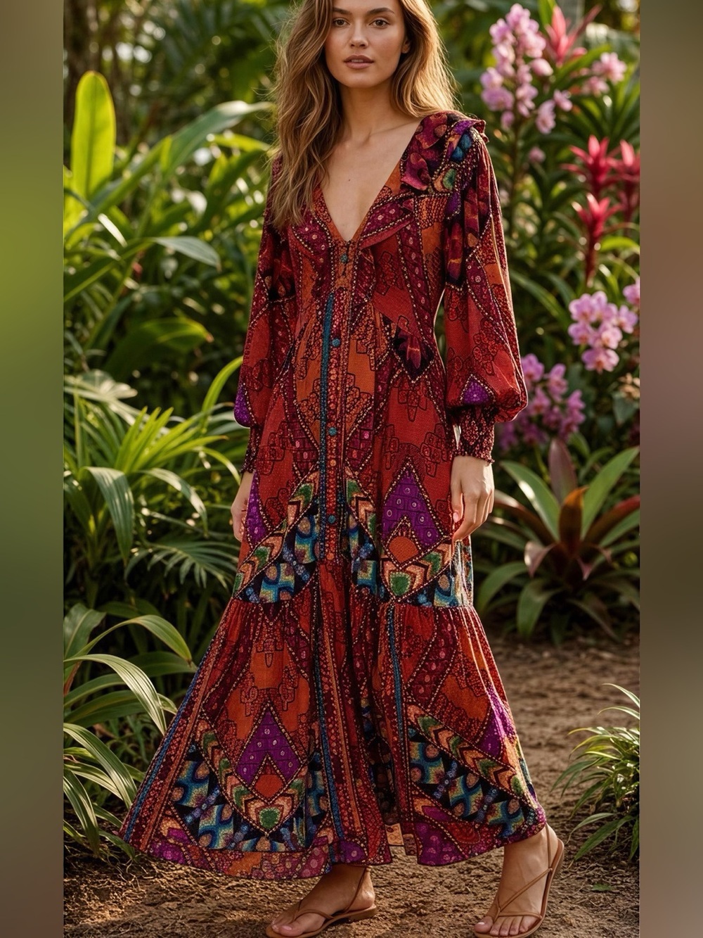 Farm Rio YAWANAWA V-neck Blouson-sleeve Maxi Dress “S” 🆕 - Picture 1 of 11